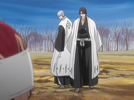 Gin transports himself and Aizen to Sōkyoku Hill in order to confront Renji Abarai and Rukia.