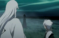 Ukitake and Hitsugaya turn to see a revealed Muramasa.