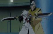 Hitsugaya dueling with Inaba and preventing Inaba from twirling his Zanpakutō to the right.