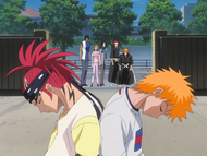 Uryū and his friends discover Renji's Gigai and Ichigo's body lying in the school courtyard.