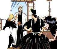 Ukitake arrives to see Rukia off.