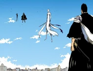 Aizen faces off against Urahara, Yoruichi, and Isshin.