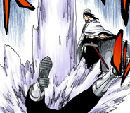 Byakuya slams Gerard into the ground with Senbonzakura.