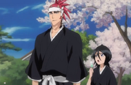 Rukia asks Renji why he is not going to greet Byakuya.