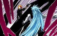 Ichigo slashes Grimmjow across the chest.