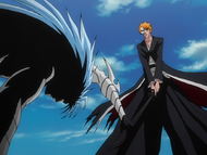 Grimmjow grabs Ichigo's sword by the blade to keep himself from falling.