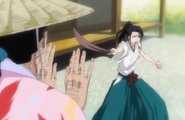 A young Byakuya points a wooden sword at Shunsui.