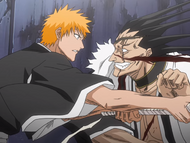 Kenpachi lets himself get cut so he can get close to Ichigo.