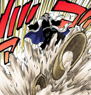 Byakuya is propelled into the air by two segments of Hihiō Zabimaru that break through the ground underneath him.