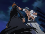 Grimmjow repeatedly punches Ichigo in the face.