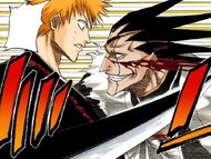 Kenpachi allows his face to be cut so he can get closer to Ichigo.