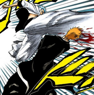 Grimmjow kicks Ichigo in the side of the head.