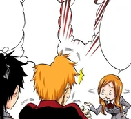 Ichigo and Tatsuki are unnerved when Orihime demonstrates her ability to reshape her eyes.