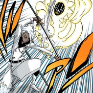 Hitsugaya blocks Mayuri's attack after encasing his wounded leg in ice.