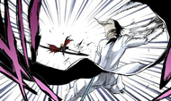 Ichigo repels Ulquiorra with a swing of his sword.