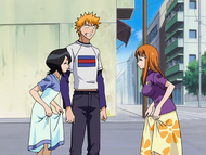 Orihime and Rukia Kuchiki greet each other.