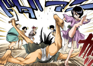 Rukia saves Renji and his friends by tripping up the old man.