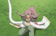 Saru lands with Hebi in her arms.