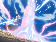 Byakuya effortlessly blocks the Getsuga Tenshō.