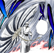 Zangetsu spins Zangetsu around by the cloth attached to its hilt in preparation for using Deadly Darts.