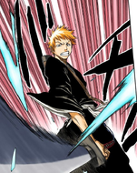 Ichigo slashes through Uryū's Heilig Pfeil.