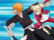 Hiyori hits Ichigo with Super Harisen Slipper.