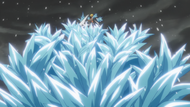 Harribel is quickly covered in flowers and overwhelmed when Hitsugaya uses Hyōten Hyakkasō on her.