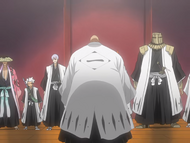 Genryūsai Shigekuni Yamamoto addresses Komamura and the other captains.