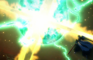 Ichigo counters Candice's Electrocution with Getsuga Jūjishō.