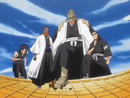 Tōsen, Komamura, Shūhei Hisagi, and Tetsuzaemon Iba confront Kenpachi Zaraki and the Ryoka.