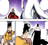 411Tatsuki urges.png (638 KB) Tatsuki urges Don Kanonji to run away from Aizen with Michiru still on her back.