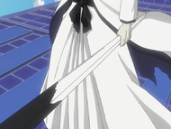 Zangetsu turns Ichigo's sword white by grabbing it.