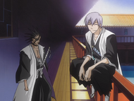 Gin and Kenpachi Zaraki confront Byakuya Kuchiki.