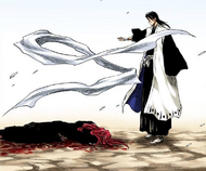 Byakuya throws his scarf onto a defeated Renji as a sign of respect.