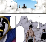 Mayuri watches Byakuya and Kenpachi's fight from afar and laments Yammy Llargo's increase in size.