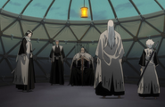 Genryūsai Shigekuni Yamamoto confers with Hitsugaya, Jūshirō Ukitake, and Byakuya Kuchiki.