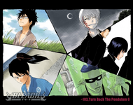 Hisagi, Suì-Fēng, Mayuri, Byakuya, and Gin on the cover of Chapter -103.