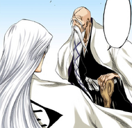 Genryūsai Shigekuni Yamamoto confronts Ukitake and Shunsui over their actions.