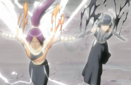 Suì-Fēng and Yoruichi activate Shunkō.