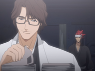 Sōsuke Aizen brings Renji to a storage room so they can talk.