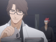 Aizen brings Renji Abarai to a storage room to talk.