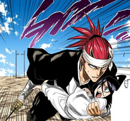 Renji carries Rukia away from the execution site.