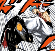 Grimmjow kicks Ichigo hard in the chest.