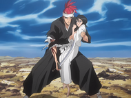 Renji is wounded while protecting Rukia from Aizen.