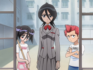 Jinta lets Rukia Kuchiki into the Urahara Shop early.