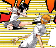 Rukia kicks Ichigo in the face.