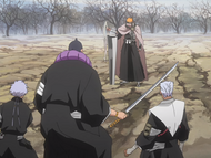 Ichigo Kurosaki confronts Isane, Chōjirō Sasakibe, and Marechiyo Ōmaeda.