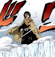 Rukia stands after being wounded several more time by Aaroniero.