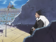 Kenpachi sits alone after his battle.