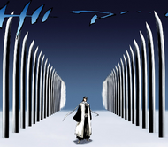 Two rows of massive swords rise up on either side of Byakuya.